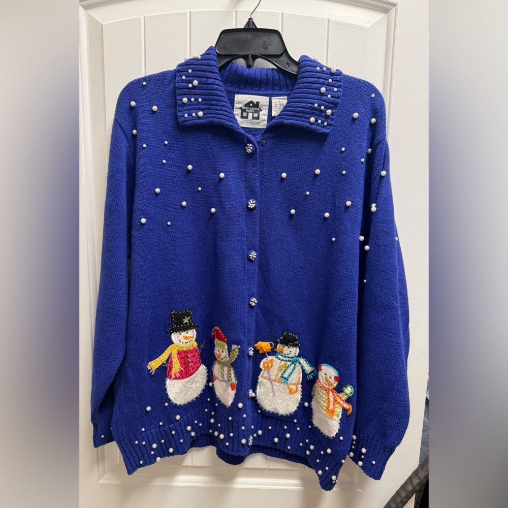 VTG Storybook Knit Cardigan Christmas Sweater Snowman Size Large Excellent Cond.